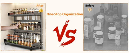 3 Tier Spice Storage Rack for Countertop Adjustable Spice Organization For Cabinet Kitchen Organizer Metal Shelf Black