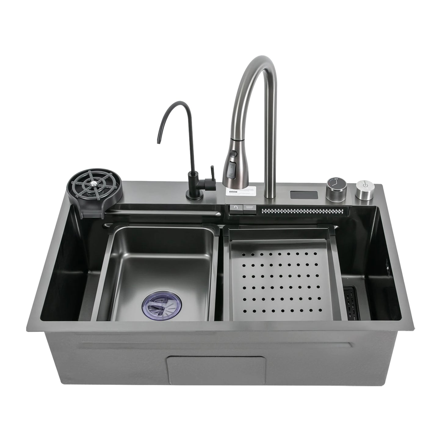 75*46CM Stainless Steel Waterfall Kitchen Sink with Pull Out Faucet,Soap Dispenser,Cup Washer