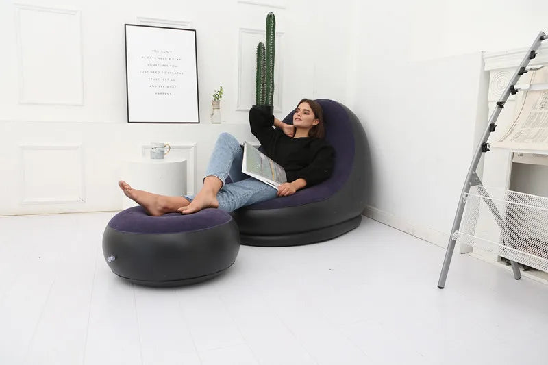 OTAUTAU Inflatable Lounger with Footstool Ottoman Chaise Lounge Recliner Outdoor Portable Camping Couch Garden Chair Pouf SF029