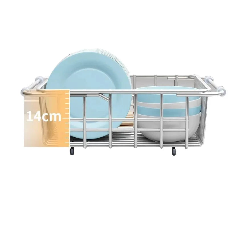 Telescopic Stainless Steel Sink Drain Basket Dishwashing Rack Kitchen Storage Organizer for Utensils and Dishes