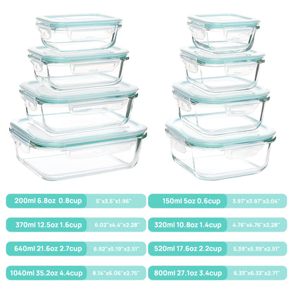 8-piece set of glass food storage containers, leak-proof sealed LIDS, BPA-free, non-toxic transparent borosilicate