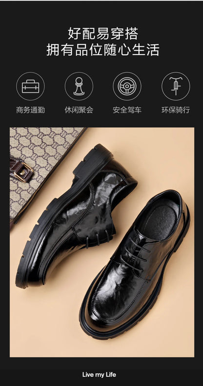 Mens Black Genuine Leather Wrinkled Lace Up Chunky Sole Formal Business Oxfords Casual Daily Wear Dress Shoes Stylish And Simple