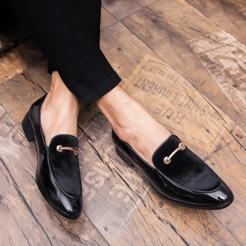 Mens Formal Navy Blue Velvet Patent Leather Loafers With Gold Horsebit Accent Flat Heel Comfortable Non Slip Breathable Business