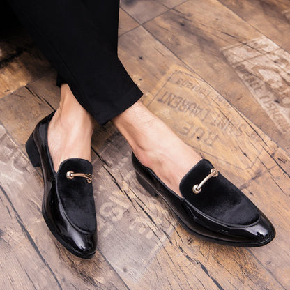 Mens Formal Navy Blue Velvet Patent Leather Loafers With Gold Horsebit Accent Flat Heel Comfortable Non Slip Breathable Business
