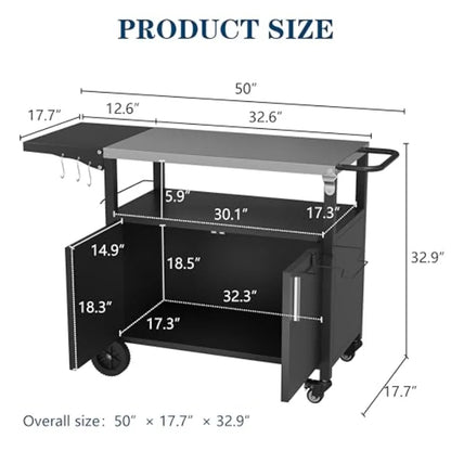 Outdoor grill cart for patio kitchen island use, black steel with foldable tabletop and storage cabinet, movable on wheels for