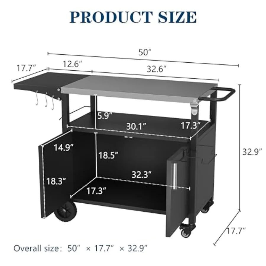 Outdoor grill cart for patio kitchen island use, black steel with foldable tabletop and storage cabinet, movable on wheels for