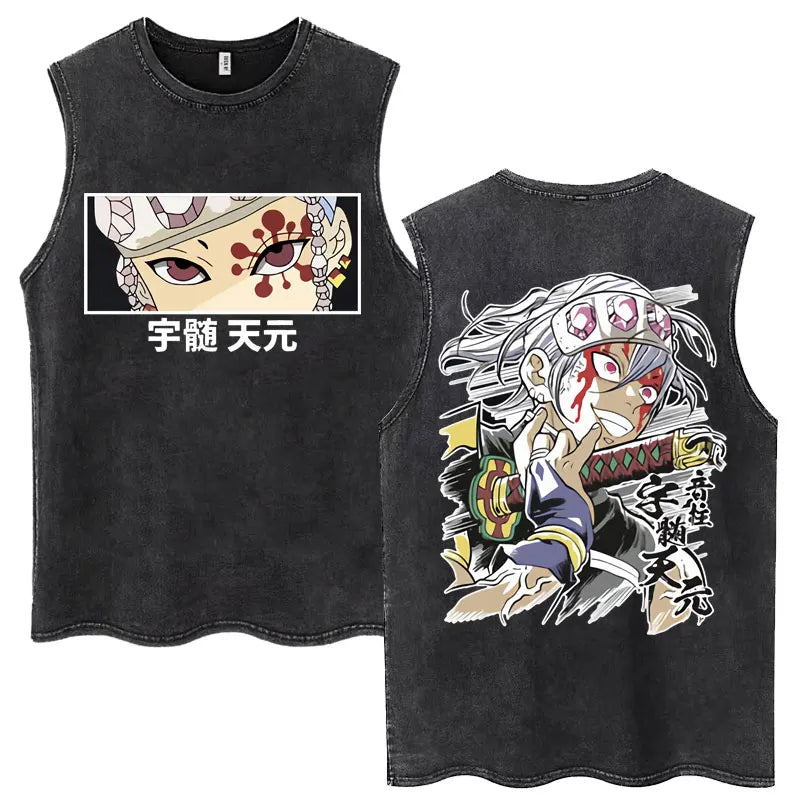 Washed Anime Demon Slayer Hashibira Inosuke Mask Face Tank Tops Men Women Vintage Fashion Cotton Sleeveless T Shirts Streetwear