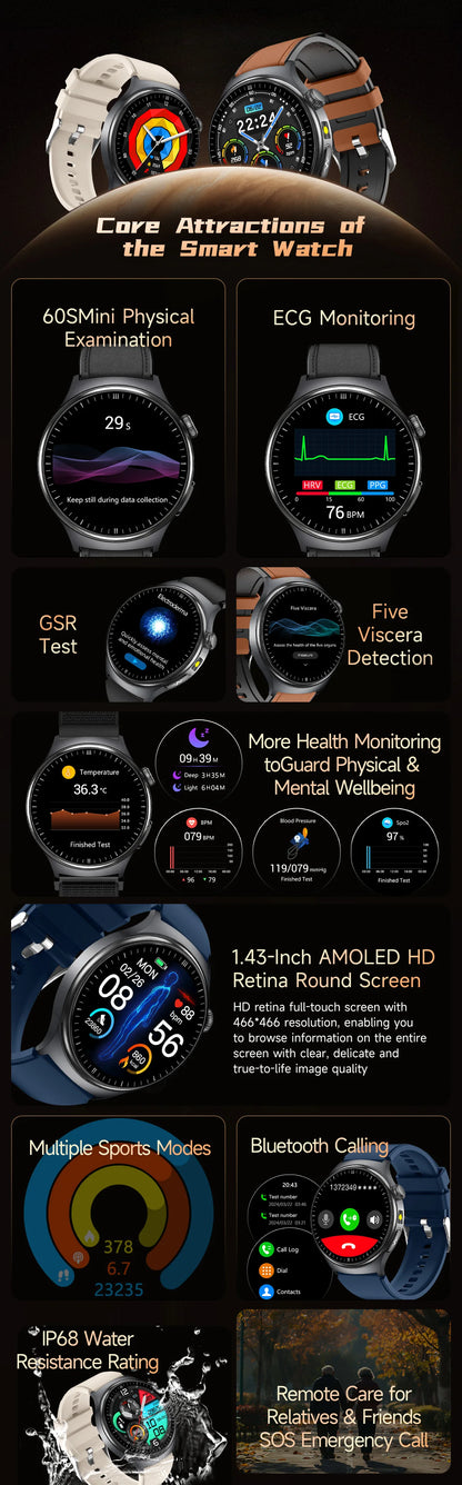 2026New High-end Health Smart Watch For Men Women Blood Lipids Uric Acid Blood Pressure Accurate Data ECG+PPG BT Call Smartwatch