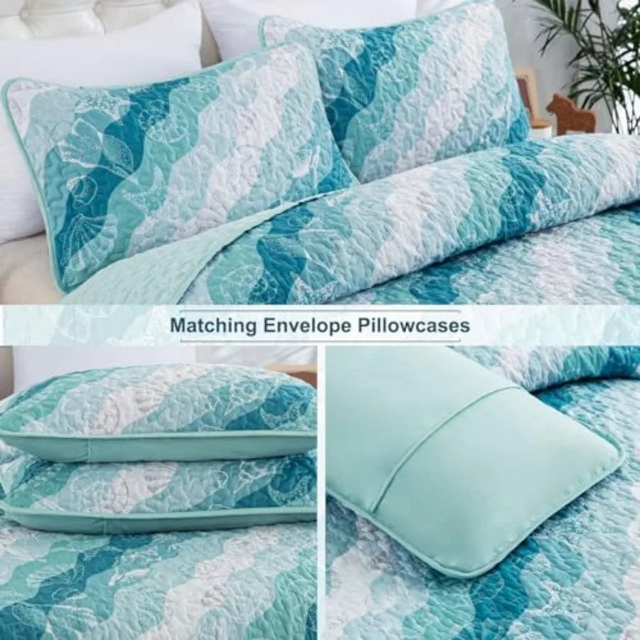 Summer Quilt Set Size Ocean Beach Themed Bedding Set Seawave Seashell Conch Starfish Microfiber Lightweight Bedspread Coverlet