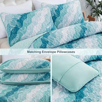 Summer Quilt Set Size Ocean Beach Themed Bedding Set Seawave Seashell Conch Starfish Microfiber Lightweight Bedspread Coverlet