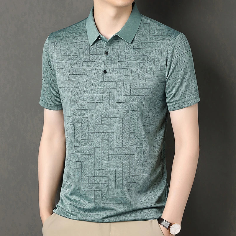 Men's Comfortable Short Sleeve Polo Shirt Weave Pattern Contrast Collar Design 2026 Casual Daily Office Fashion Top