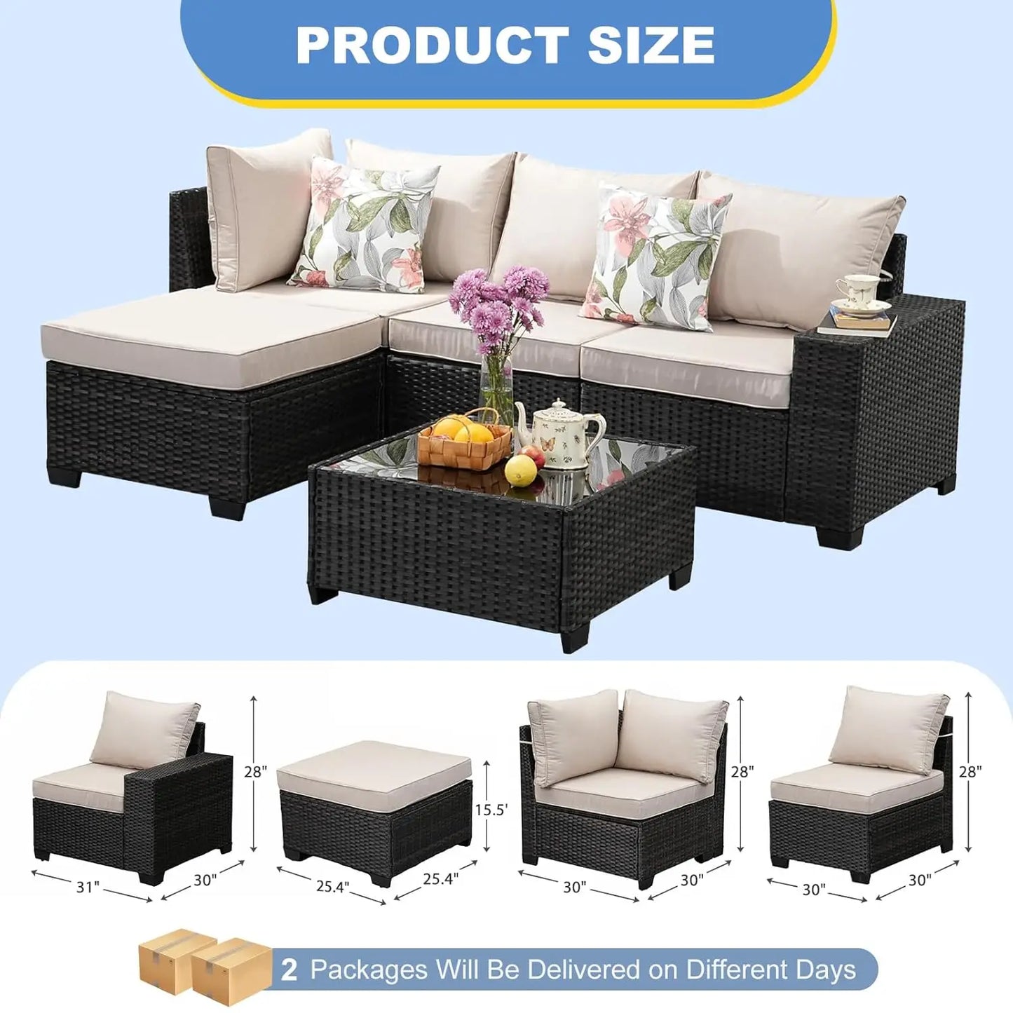 Rattan Patio Conversation Set with Cushions & Tea Table for Garden Backyard Poolside, Custom