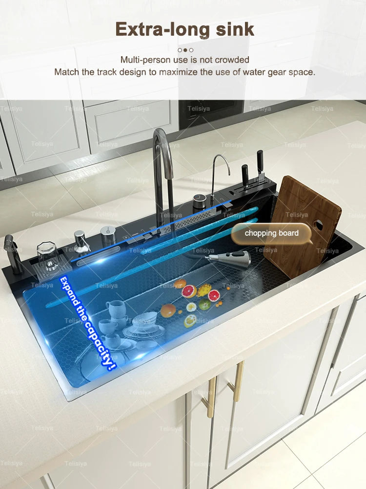 Various Waterfall kitchen Sink  Stainless Steel Multifunctional Large Single Slot Digital Display Sinks