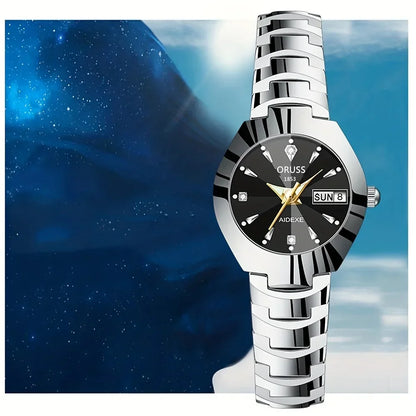 2pcs Couples Dial Cutting Quartz Watch Business Fashion Analog Calendar Wrist Watch Valentines Gift For Men Women Date Watch