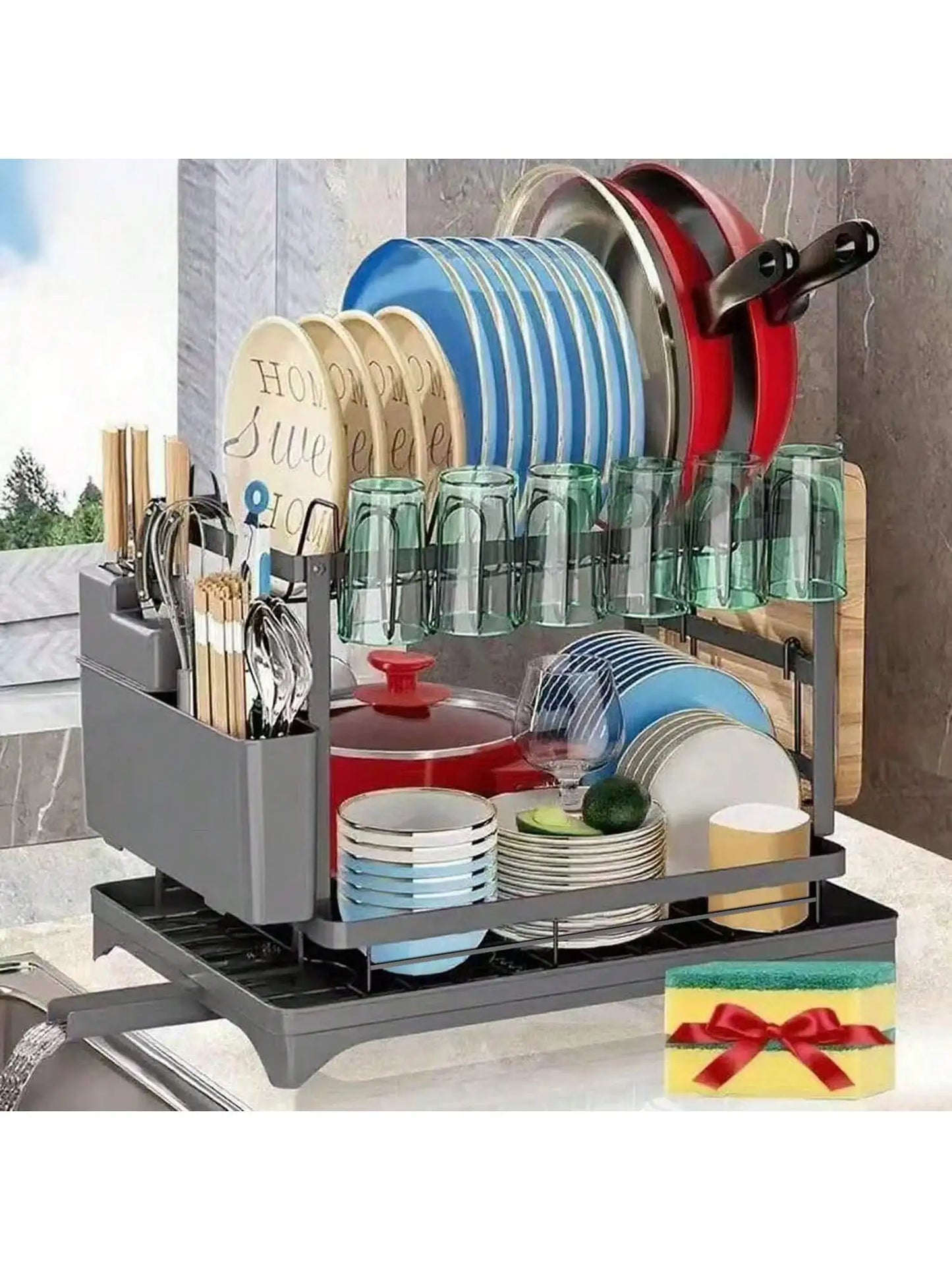 Stozle Double-Layer Dish Drying Rack For Kitchen Countertops, With Drainer Tray, Dish Drying Rack, Kitchen Organization And Stor