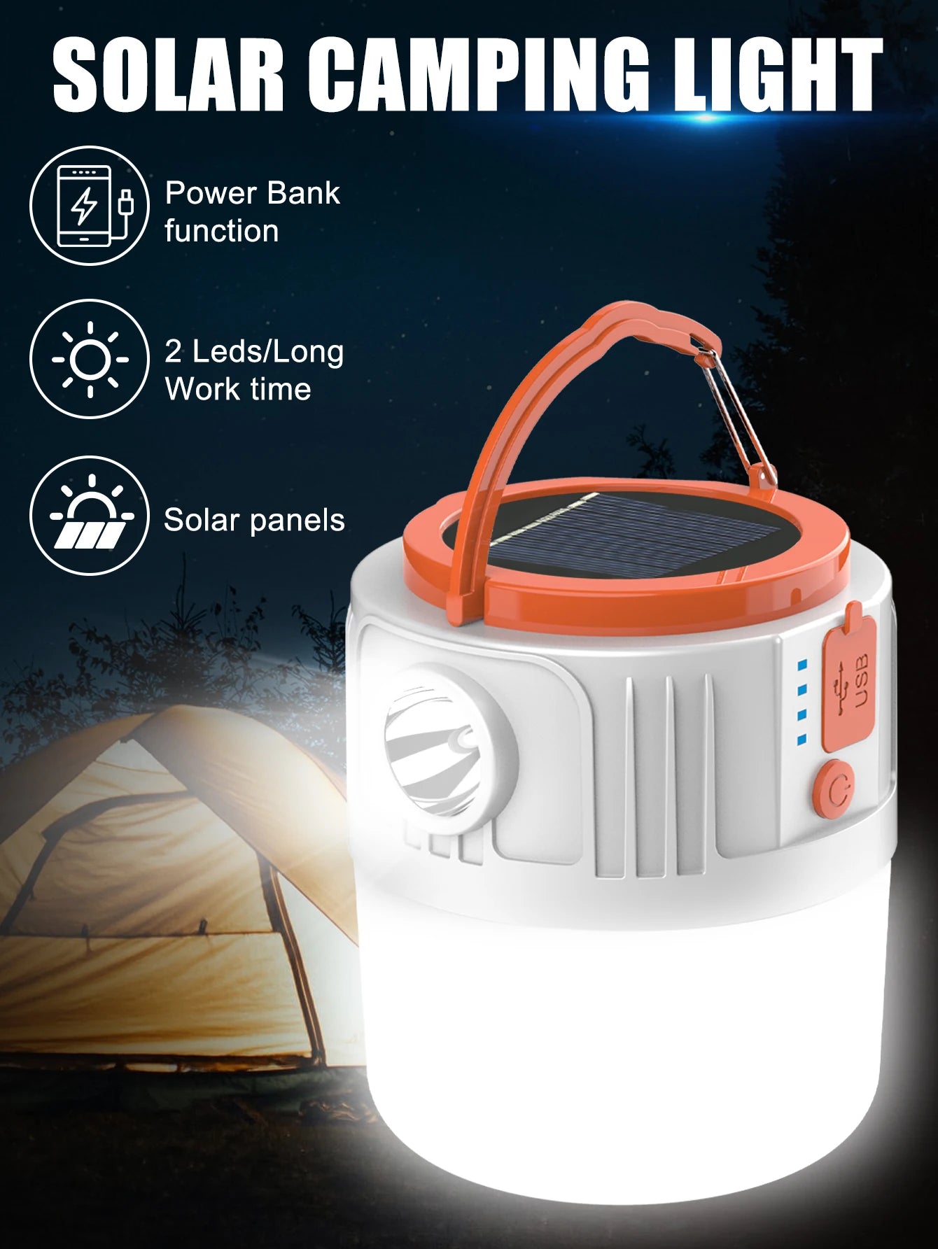 1pc Solar Led Camping Light,Solar Powered Rechargeable Camping Lanterns, Outdoor Lighting Lamp With Mobile Phone Charging