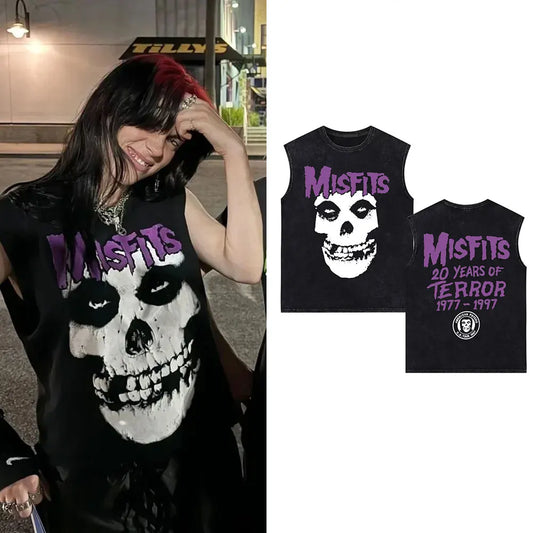 Horror Punk Misfits 20 Years of Terror Skull Rock Washed Sleeveless Vest T Shirts Men Women Gothic Vintage Oversized Tank Tops