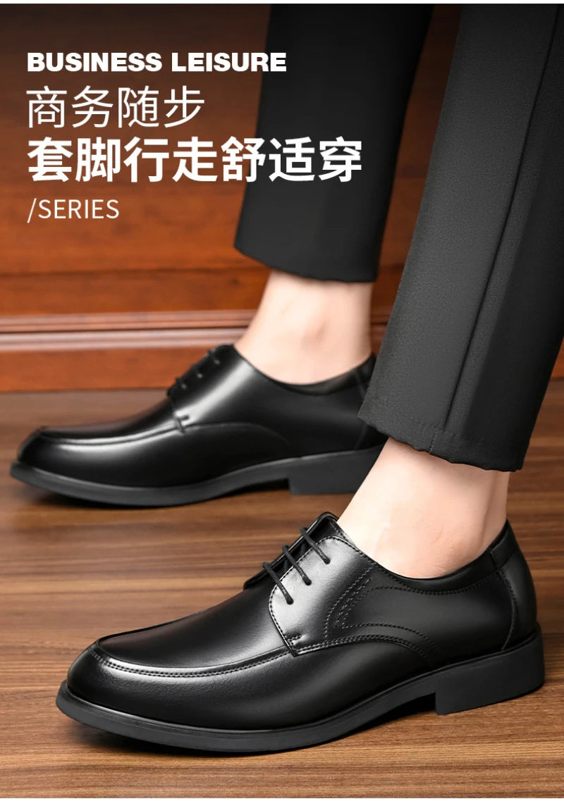 Mens Black Genuine Leather Lace Up Chunky Platform Oxfords Formal Business Office Groom Wedding Daily Wear Shoes Fashion Simple