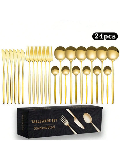 Gold/Black, Stainless Steel Knife, Fork And Spoon 24-Piece Cutlery Set, Including Fork Spoon Knife And Coffee Spoon, Dinner Fork
