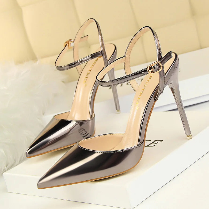 Women High Heels Sandals Metallic Gray Patent Leather Stripper Ankle Strap Wedding Nightclub Pointed Toe Party Valentine 86-1