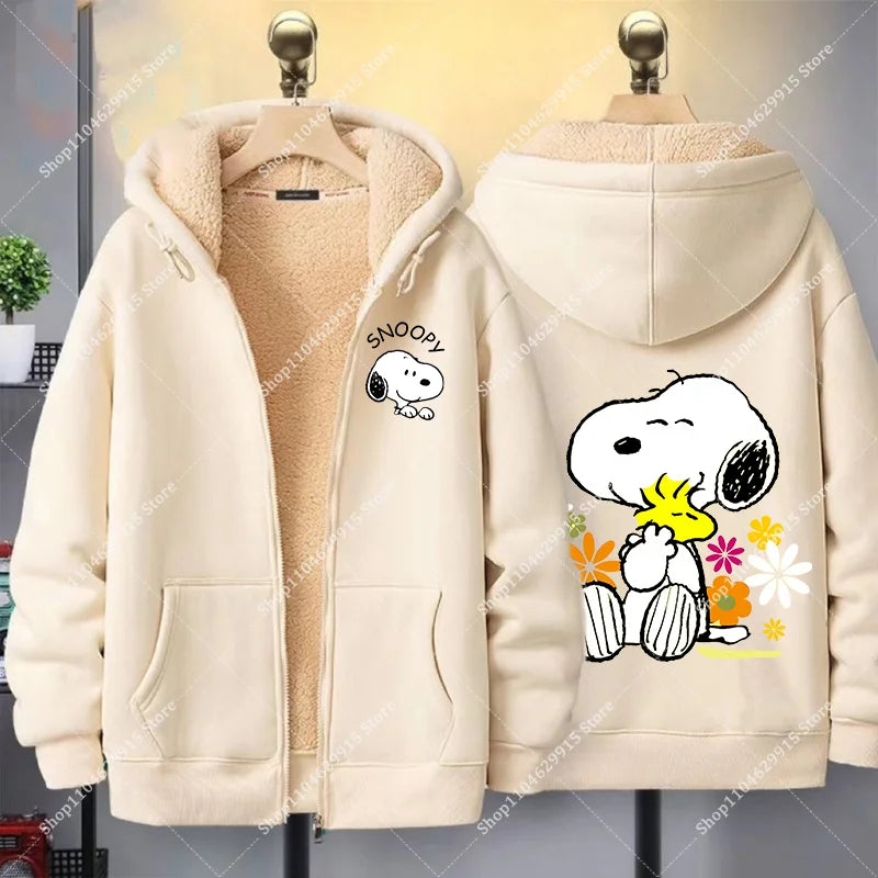 Snoopys Jacket Autumn Winter Cartoon Anime Coats Thickened Fleece Warm Hooded Men Women Couple Hooded Sweatshirt Birthday Gift