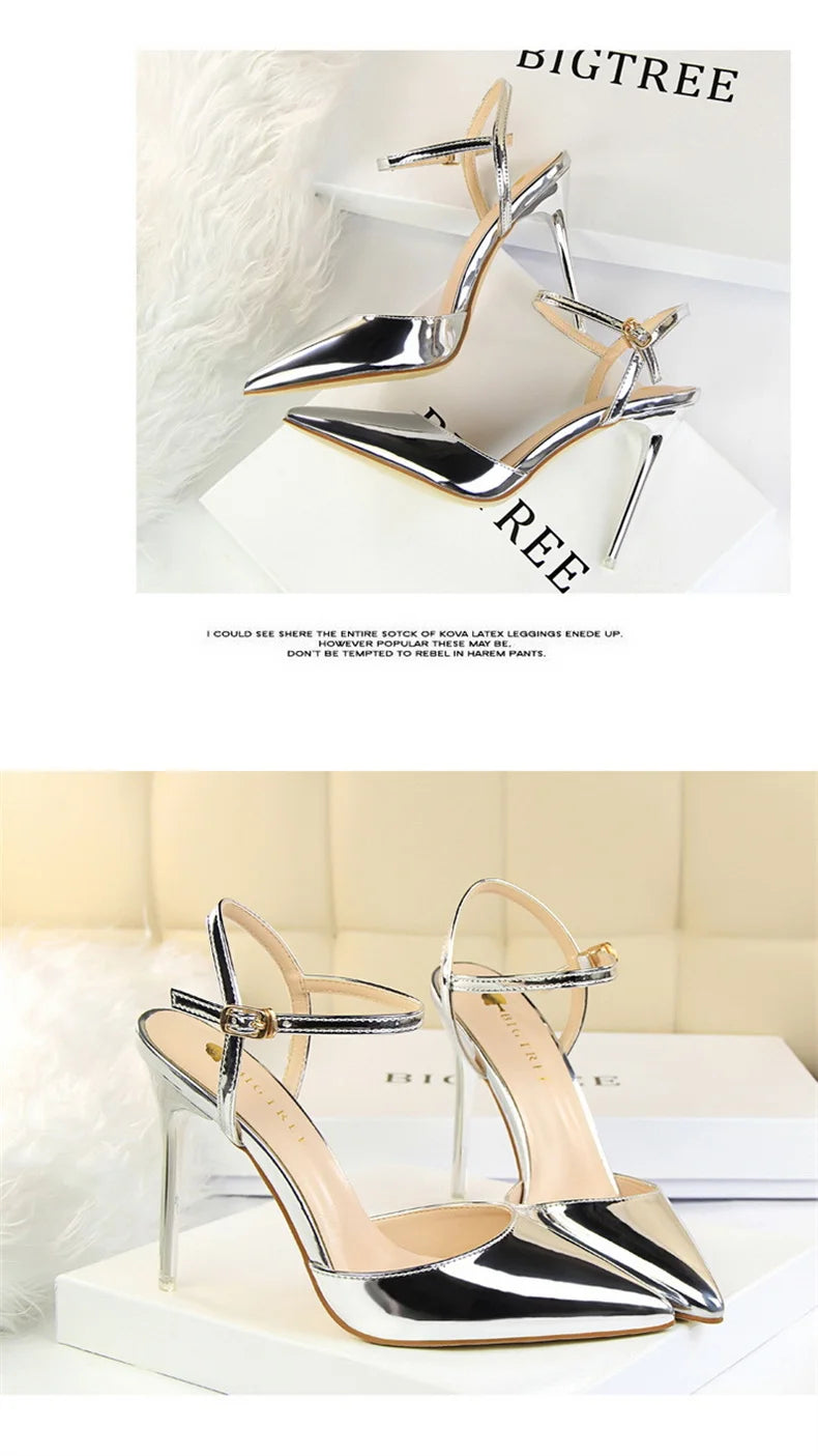 Women High Heels Sandals Metallic Gray Patent Leather Stripper Ankle Strap Wedding Nightclub Pointed Toe Party Valentine 86-1