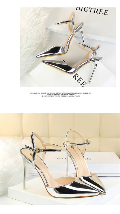 Women High Heels Sandals Metallic Gray Patent Leather Stripper Ankle Strap Wedding Nightclub Pointed Toe Party Valentine 86-1