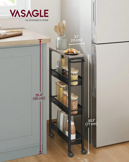 VASAGLE Slim Rolling Cart, 4-Tier Narrow Storage Cart With Handle, 5.1 Inches Deep, Metal Frame, For Kitchen, Dining Room, Livin