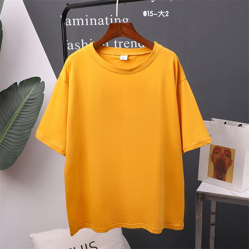 Women Cotton T-Shirt Summer Oversized Solid Tees Candy Color Loose Tops