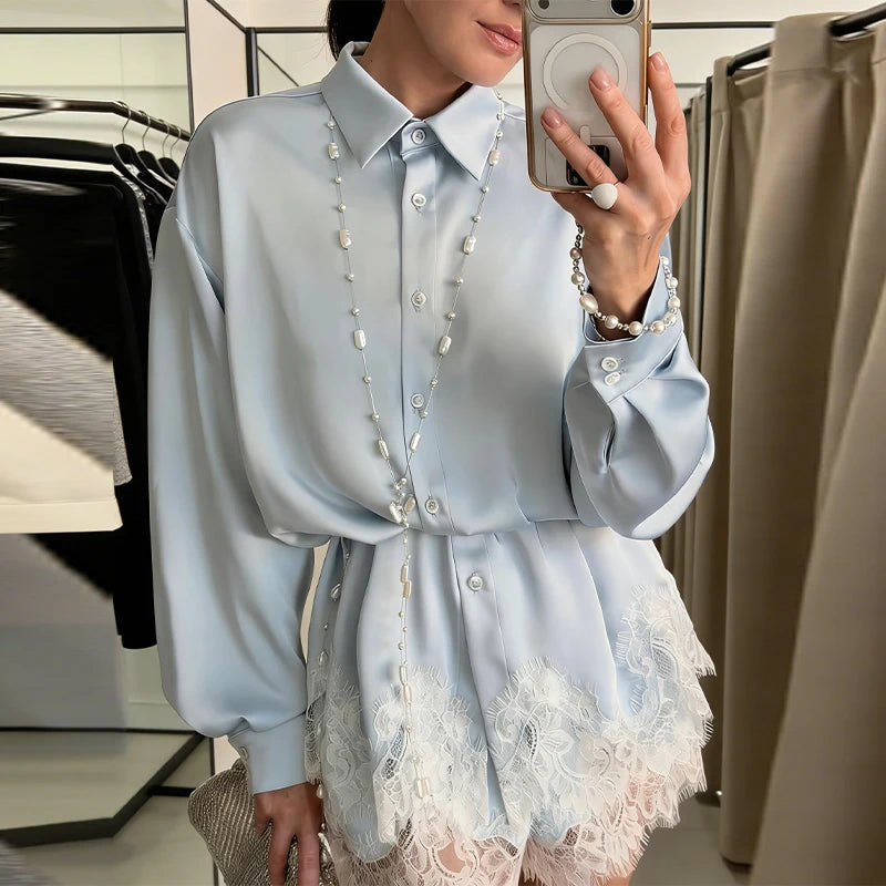Women's Casual Long Sleeve Single Breasted Shirts 2026 Spring Lace Floral Hem Blouse Elegant Classical Stylish Shorts Outfits
