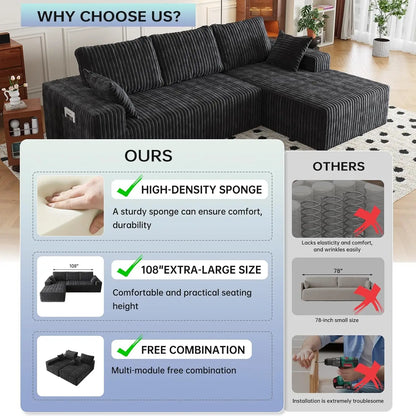 108in Modular Sectional Sofa Chaise Lounge Flannel Fabric Removable Washable Cover Pillow Backrest Living Room 4 Seat Custom
