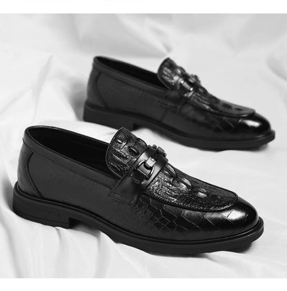 Mens Black Crocodile Embossed Leather Loafers With Metal Horsebit Buckle Thick Sole Formal Business Wedding Party Dress Shoes