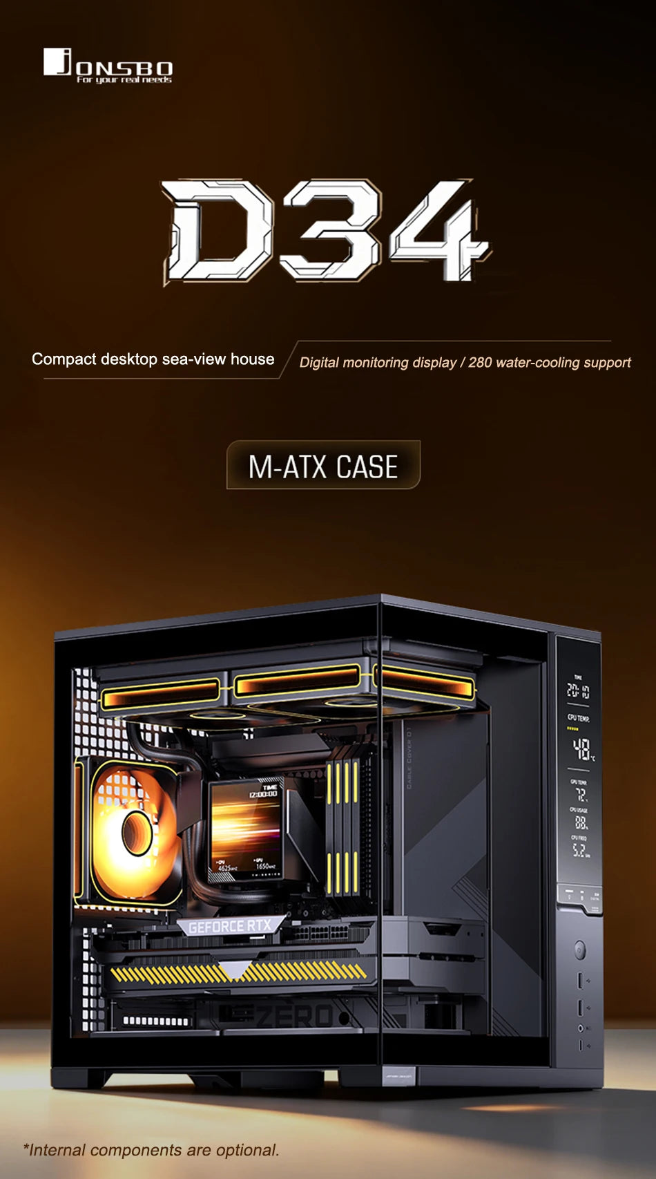 Jonsbo D34 MATX SeaviewRoom Chassis Support 280 Cold Row ATX Power Supply Type-C Digital Monitoring Screen Mini-ITX Desktop Case