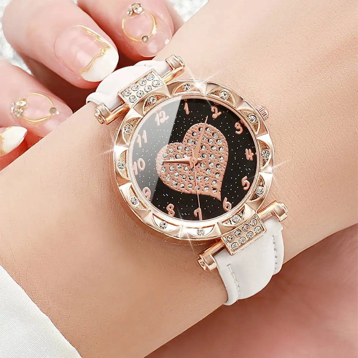 3PCS Women Watches Set Fashion Rhinestone Heart Dial Quartz Watch Female Leather Strap Wristwatch Reloj Mujer（Without Box）