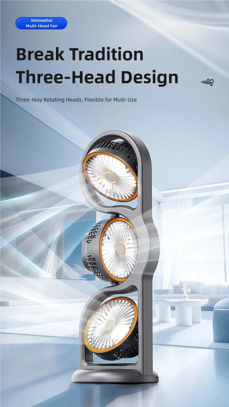 TINSOL New Portable USB Rechargeable Three-Head Fan – 360° Circulation, 5-Speed Wind, Dormitory and Outdoor Desktop Fan