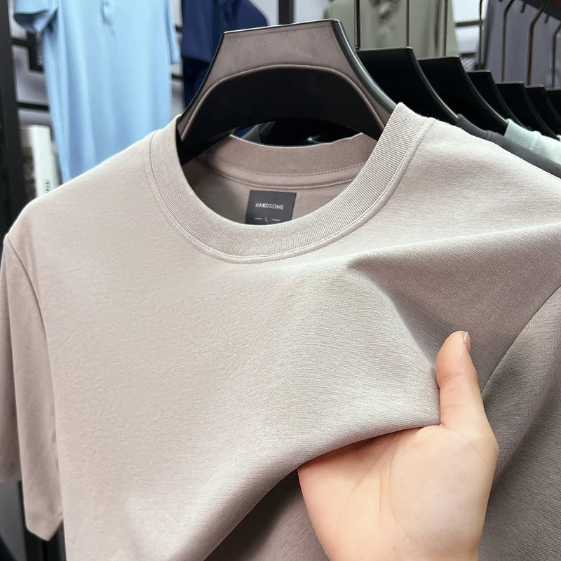 High quality luxury short sleeve T-shirt summer breathable cool silk cotton fashion solid color round neck top casual men's wear