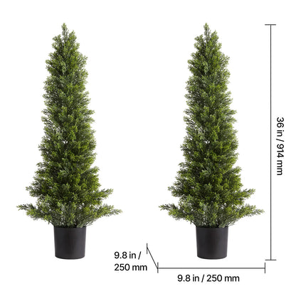 SucceBuy Artificial Topiary Cedar Trees 36/48in 2 Set Faux Pine Shrubs Plants Fake Silk Tree Easy Assembly for Decor Christmas