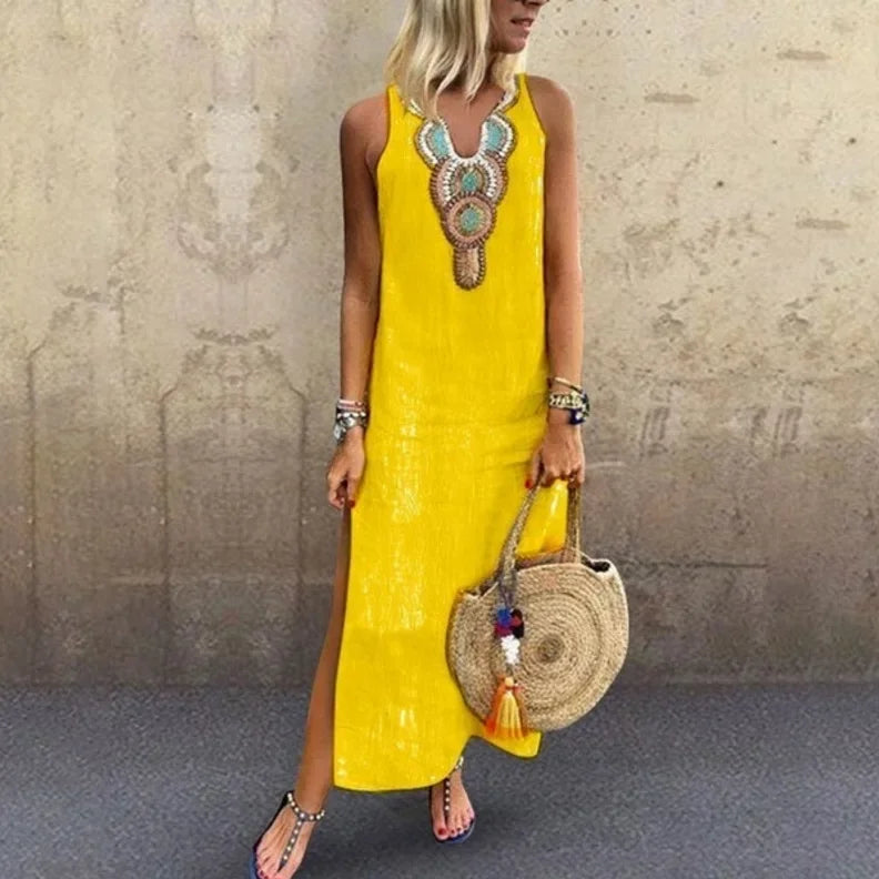Women's Sleeveless Deep V-Neck Side Split Dress, Bohemian Sexy Dress, Casual, New