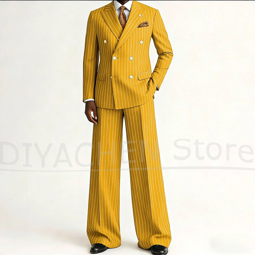 Men's Striped Double Breasted Suit Set Fashion Peak Lapel Formal Outfits 2 Piece Wedding Business Events Casual Male Suit