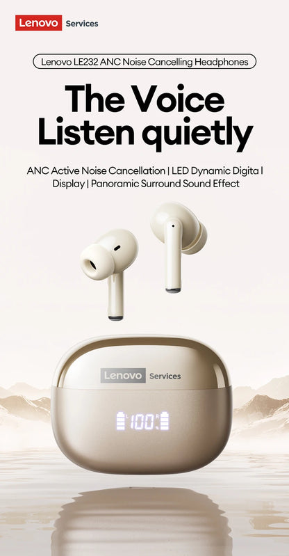 New Lenovo LE232 ANC Bluetooth 6.0 Headphones Active Noise Cancelling Wireless Earphone Power Display Music TWS Earbuds Choice