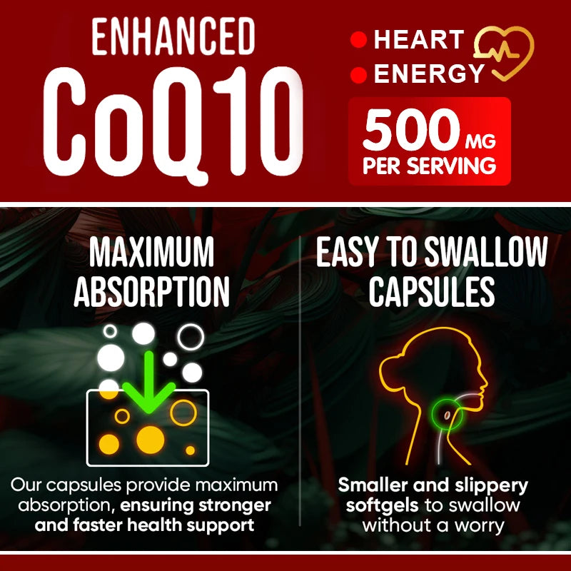 CoQ10 Supplement, for Cardiovascular & Heart Health, Anti-Aging, Energy Boost, Promote Vitality, Super Absorption, Non-GMO