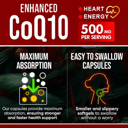 CoQ10 Supplement, for Cardiovascular & Heart Health, Anti-Aging, Energy Boost, Promote Vitality, Super Absorption, Non-GMO