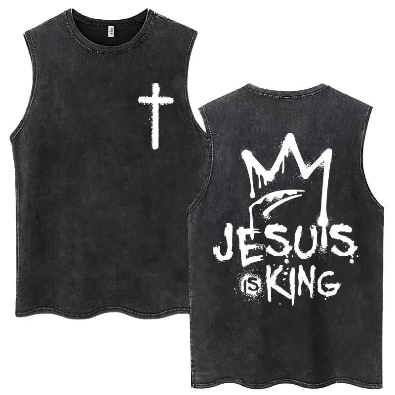 Washed Jesus Is King Christian Harajuku Vintage Tank Tops Men Women Gothic Sleeveless T-shirt Loose Summer Cotton Casual T Shirt