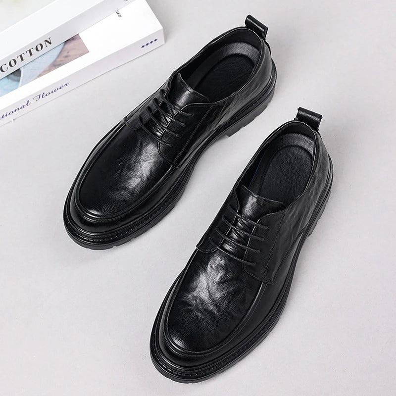 Mens Black Wrinkled Leather Apron Toe Lace Up Dress Shoes Thick Lug Sole Chunky Formal Business Office Work Daily Wear Shoes