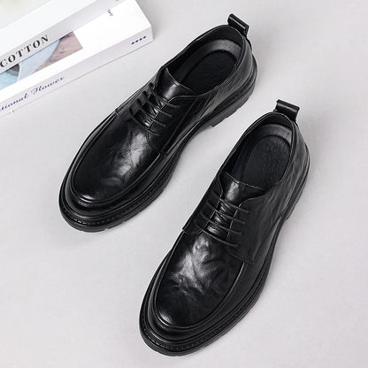 Mens Black Wrinkled Leather Apron Toe Lace Up Dress Shoes Thick Lug Sole Chunky Formal Business Office Work Daily Wear Shoes