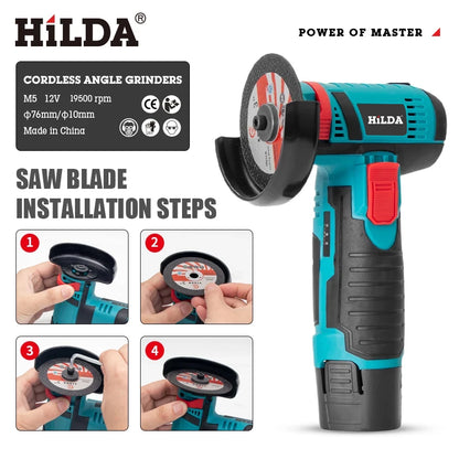 HILDA 12v Mini Angle Grinder Rechargeable Grinding Tool Polishing Grinding Machine For Cutting Diamond Cordless Power Tools