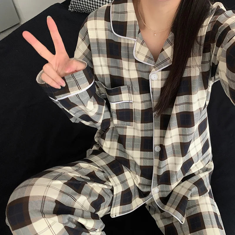 Korean Style Long-Sleeved Pajamas Set for Women Spring Autumn Homewear Comfortable Ladies Sleepwear Student Senior Casual Outfit