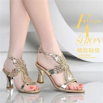 CINESSD Genuine Leather Women Sandals Pumps Summer Rhinestone High Heel Women Wedding Pumps Shoes Sexy Crystal Open-Toe Sandals