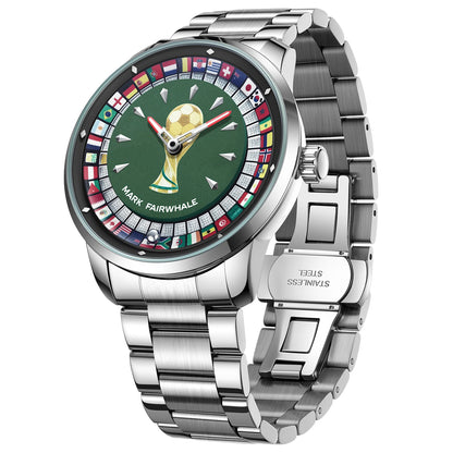 MARK FAIRWHALE 5087 Famous Football Sports Quartz Watch 360 ° Rotating Flag Dial Stainless Steel Strap Waterproof Watch for Man