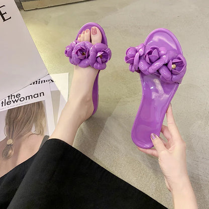 2025 New Women Spring/Summer Collection Jelly Color One Word Shoes Beach Daily Shopping Home Essential Casual Slippers